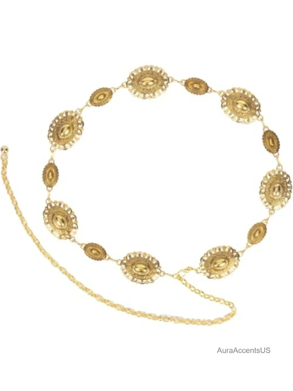 Western Concho Chain Belt - Fashion Gold Metal Waist Belt for Dresses Jeans
